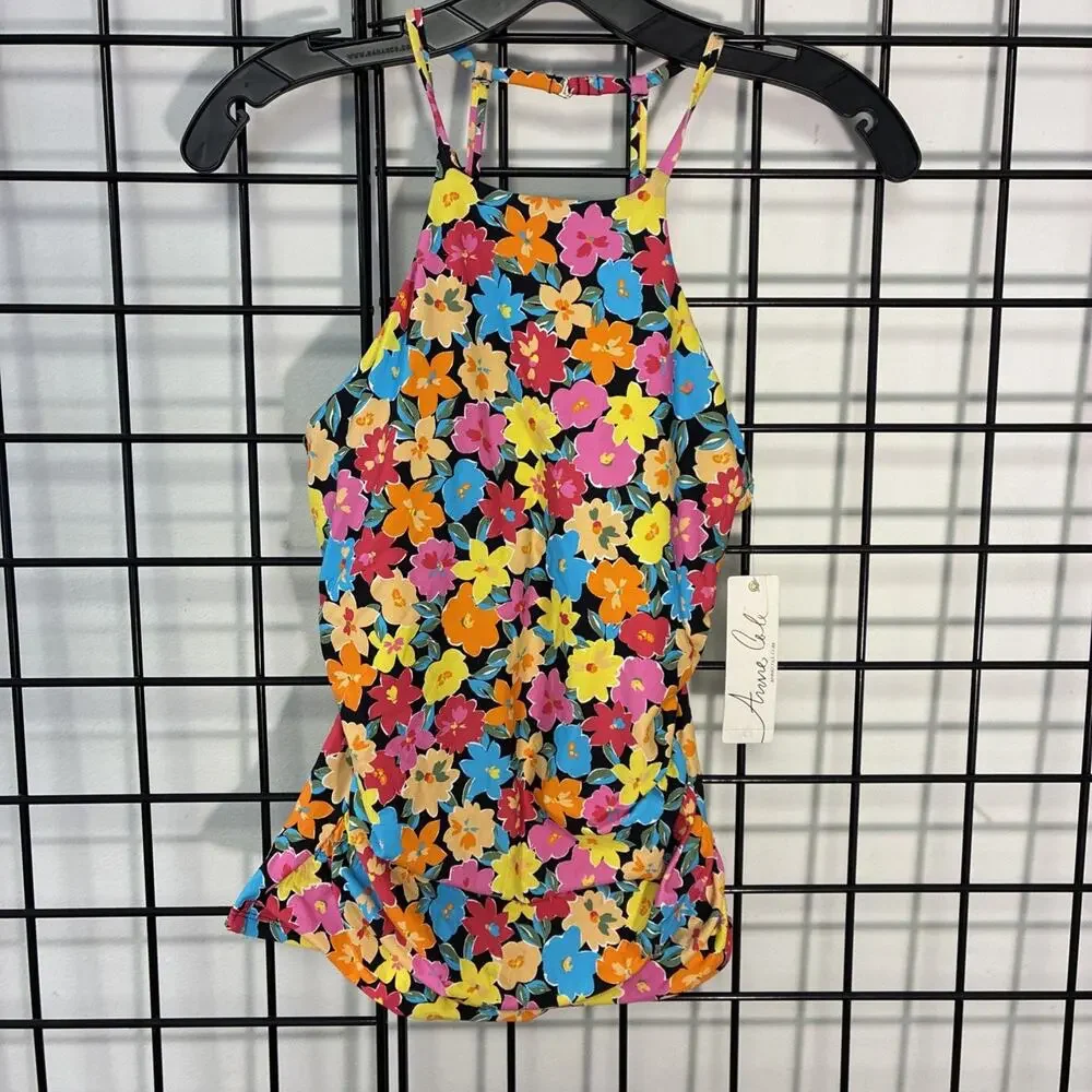 MSRP $68 Anne Cole Women's Standard High Neck Tankini Top Multicolor Floral Med